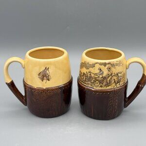 Vintage Montreal Toronto Equestrian Stoneware Mugs Set of 2 Horse Hunt Scene